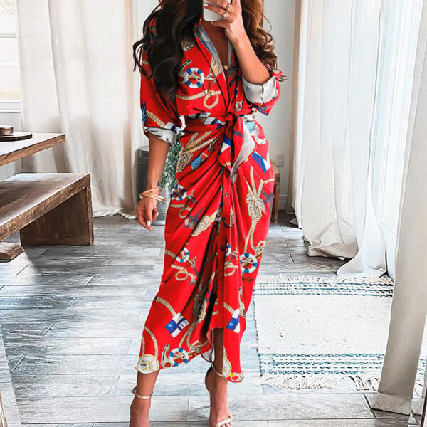 Print Lace-Up Shirt Dress: European & American Long-Sleeved Fashion Statement - Image 4