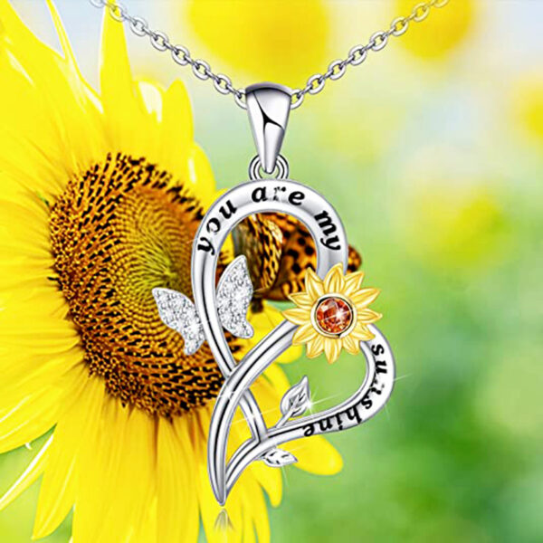 Romantic Sunflower Necklace: Crystal Butterfly Heart Pendant for Women - Image 2