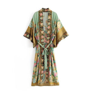 Printed Crane Kimono: Bohemian Dress Robe for Exotic Elegance