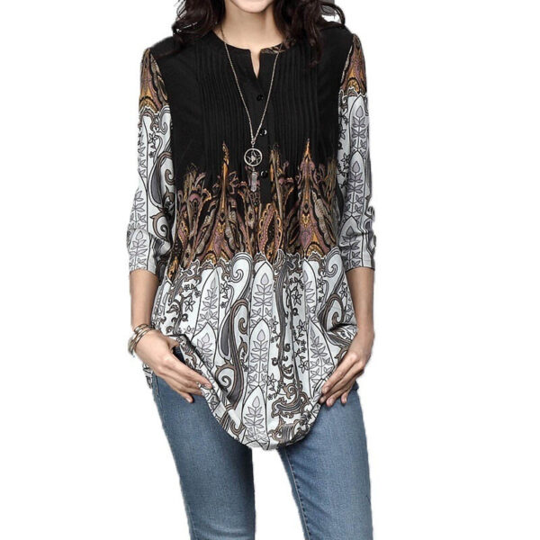 Beauty Clothing Printed Round Neck Pleated 3/4 Sleeve Top T-shirt