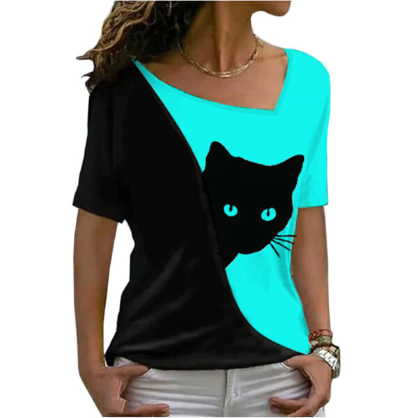 Stylish and Playful Cat Print Top for Women - Short Sleeve Fashion - Image 10