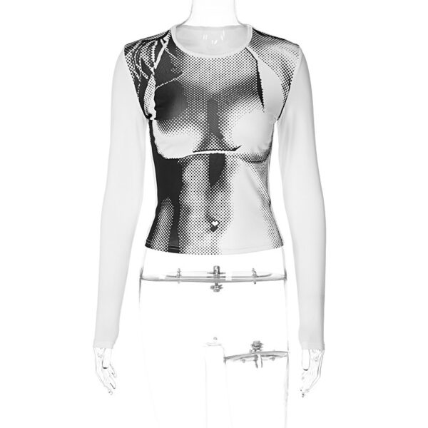 Print Round Neck Slim Fit Long-Sleeved Top: Fashionable Midriff Style - Image 3