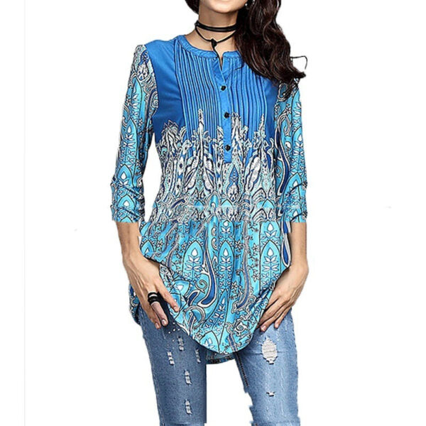 Beauty Clothing Printed Round Neck Pleated 3/4 Sleeve Top T-shirt - Image 3