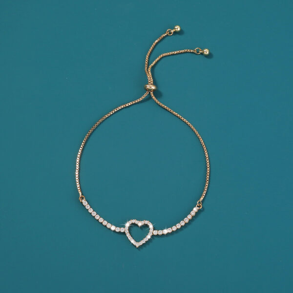 Discover Elegance: Gold Open Heart Brass Micro-Set Zircon Pendant Bracelet with Shrink-Pull Brass Bead - Image 4