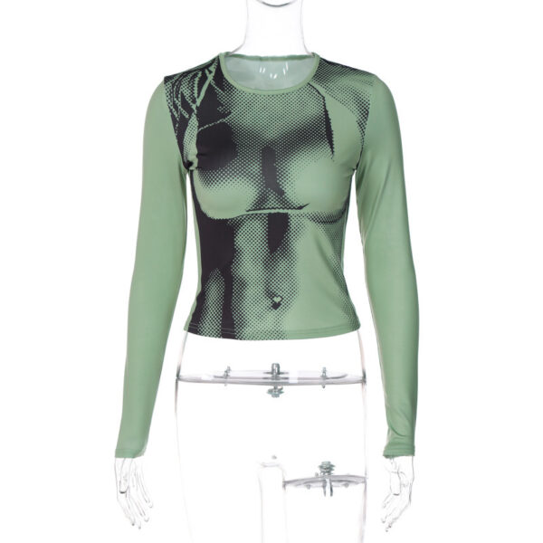 Print Round Neck Slim Fit Long-Sleeved Top: Fashionable Midriff Style - Image 2