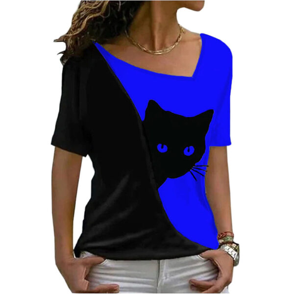 Stylish and Playful Cat Print Top for Women - Short Sleeve Fashion - Image 9