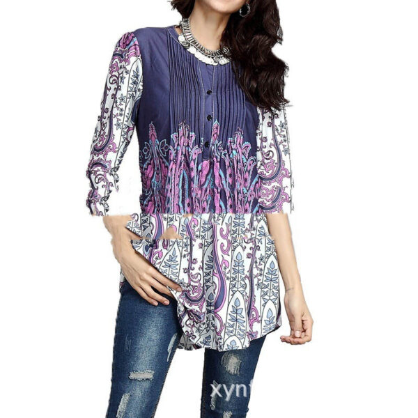 Beauty Clothing Printed Round Neck Pleated 3/4 Sleeve Top T-shirt - Image 5