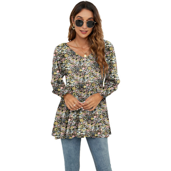 Floral Print V-Neck Blouse: Long Puff Sleeve Women's T-Shirts - Image 9