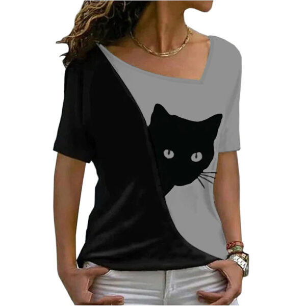 Stylish and Playful Cat Print Top for Women - Short Sleeve Fashion - Image 3