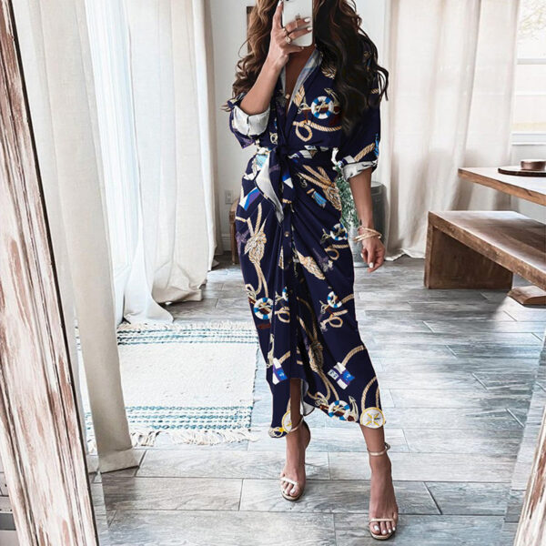 Print Lace-Up Shirt Dress: European & American Long-Sleeved Fashion Statement - Image 5