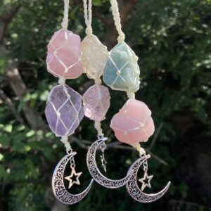 Handmade Double Raw Stone Car Ornament: Colourful Home Decoration With Moon Star Pendant