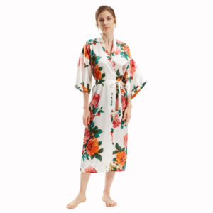 Hand-Painted Peony Kimono: Long Satin Yukata for Exquisite Style