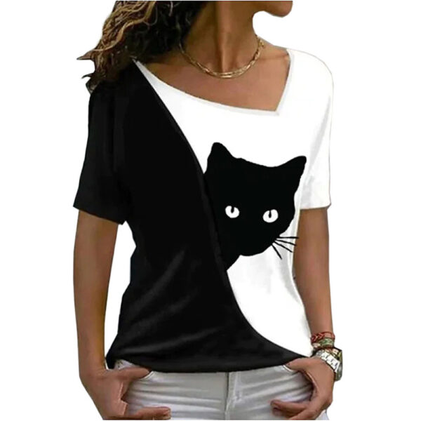 Stylish and Playful Cat Print Top for Women - Short Sleeve Fashion - Image 2