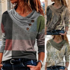 Women's Button Top Square Printed V-neck Loose Casual Long Sleeves T-shirt