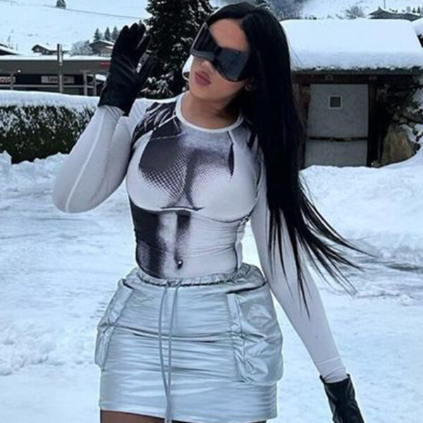 Print Round Neck Slim Fit Long-Sleeved Top: Fashionable Midriff Style - Image 10