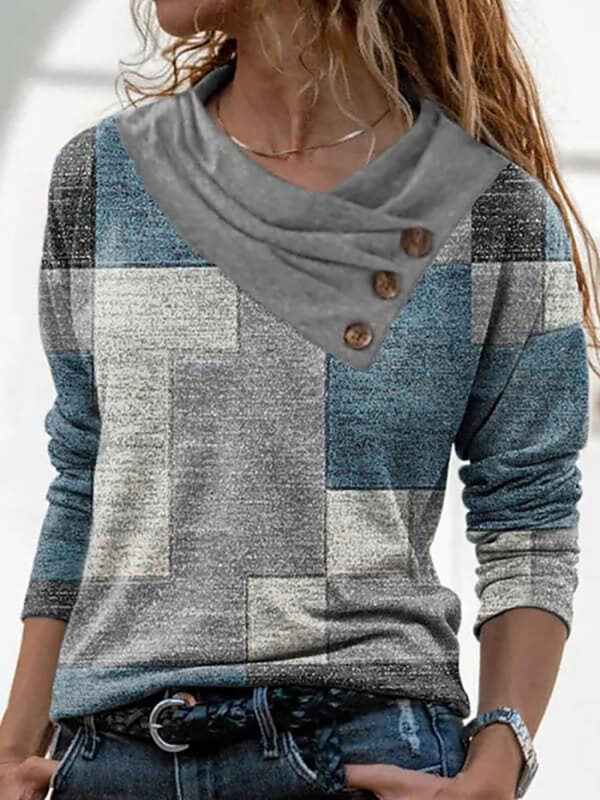 Women's Button Top Square Printed V-neck Loose Casual Long Sleeves T-shirt - Image 7