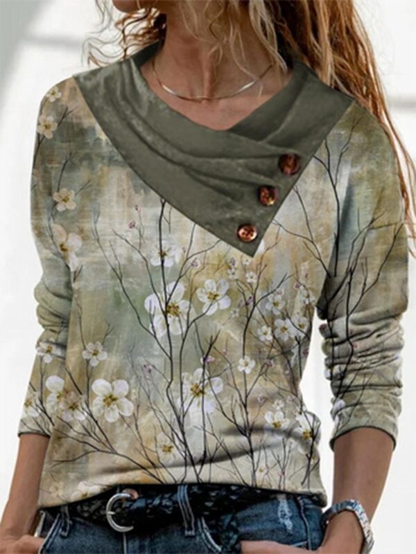 Women's Button Top Square Printed V-neck Loose Casual Long Sleeves T-shirt - Image 3