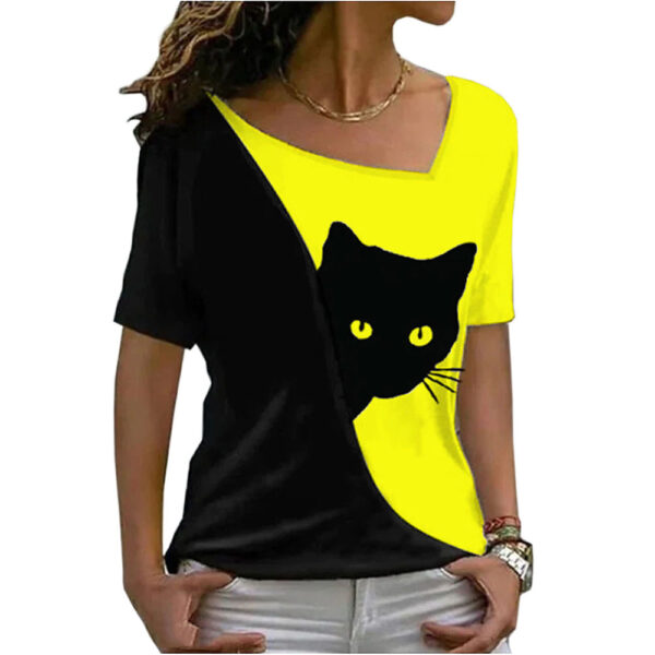 Stylish and Playful Cat Print Top for Women - Short Sleeve Fashion - Image 6