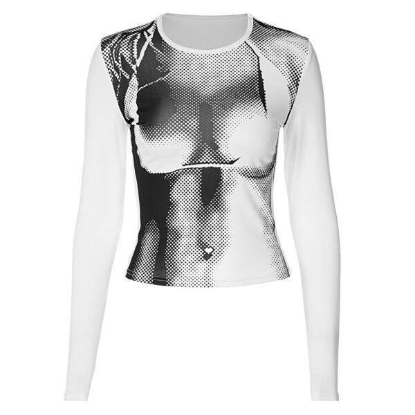 Print Round Neck Slim Fit Long-Sleeved Top: Fashionable Midriff Style - Image 6