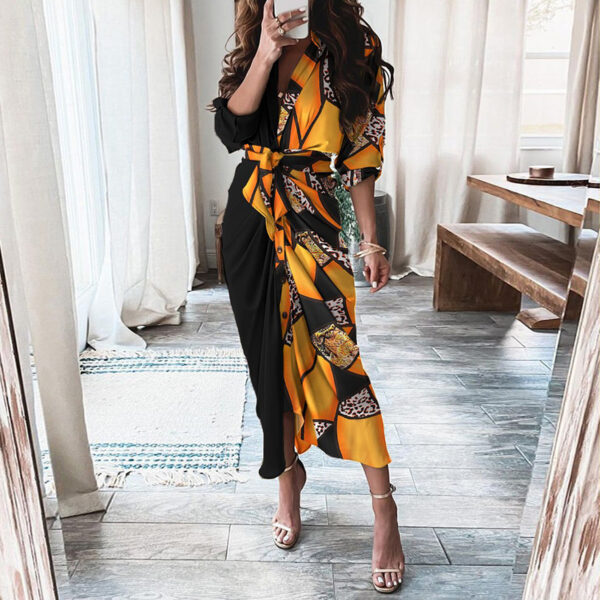 Print Lace-Up Shirt Dress: European & American Long-Sleeved Fashion Statement - Image 10