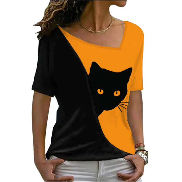 Stylish and Playful Cat Print Top for Women - Short Sleeve Fashion - Image 7