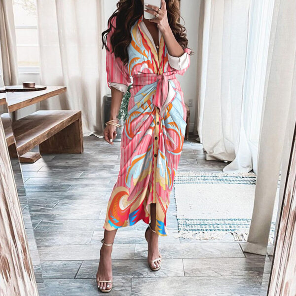 Print Lace-Up Shirt Dress: European & American Long-Sleeved Fashion Statement - Image 3