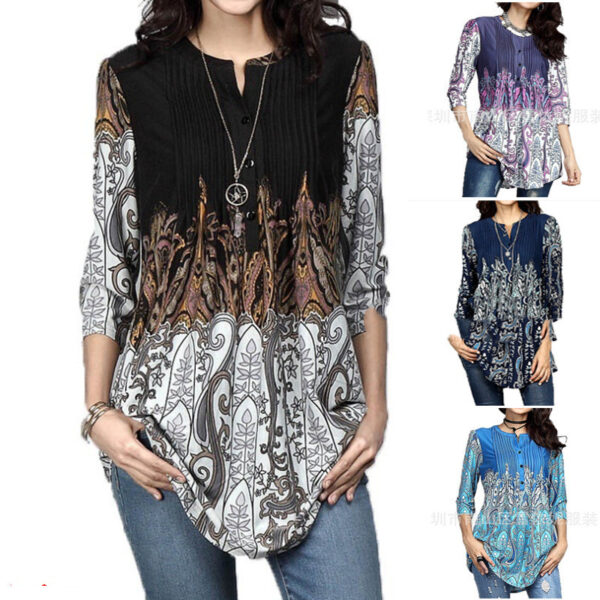 Beauty Clothing Printed Round Neck Pleated 3/4 Sleeve Top T-shirt - Image 9