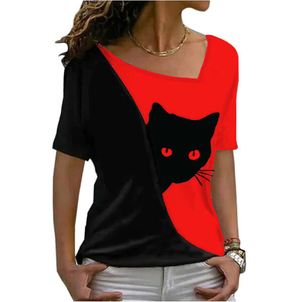 Stylish and Playful Cat Print Top for Women - Short Sleeve Fashion - Image 4