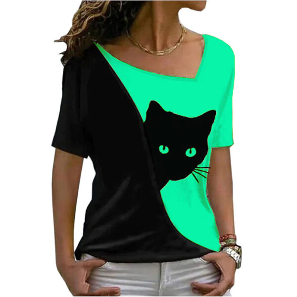 Stylish and Playful Cat Print Top for Women - Short Sleeve Fashion - Image 8