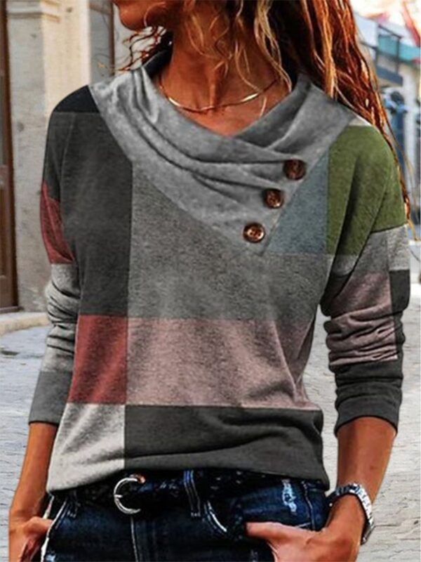Women's Button Top Square Printed V-neck Loose Casual Long Sleeves T-shirt - Image 6
