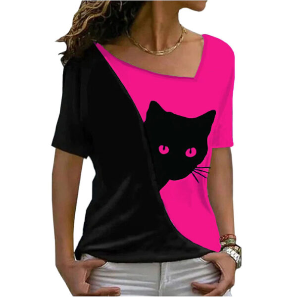 Stylish and Playful Cat Print Top for Women - Short Sleeve Fashion - Image 5