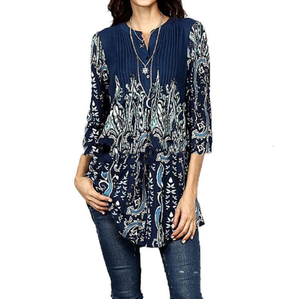 Beauty Clothing Printed Round Neck Pleated 3/4 Sleeve Top T-shirt - Image 4