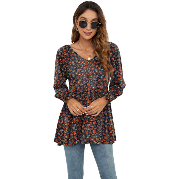 Floral Print V-Neck Blouse: Long Puff Sleeve Women's T-Shirts - Image 3