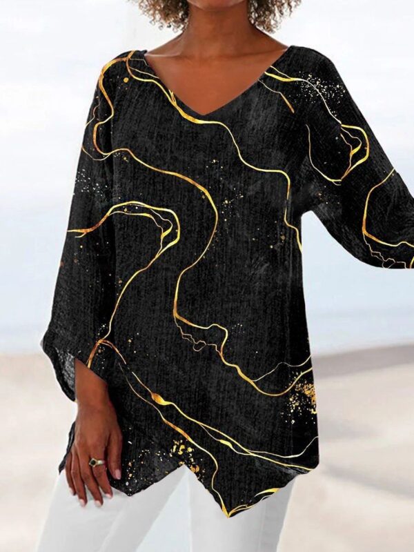 Digital Printing Black And White Long Sleeve V Neck Top - Image 2