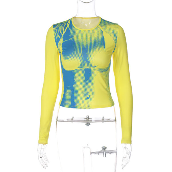 Print Round Neck Slim Fit Long-Sleeved Top: Fashionable Midriff Style - Image 4