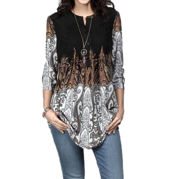 Beauty Clothing Printed Round Neck Pleated 3/4 Sleeve Top T-shirt - Image 2