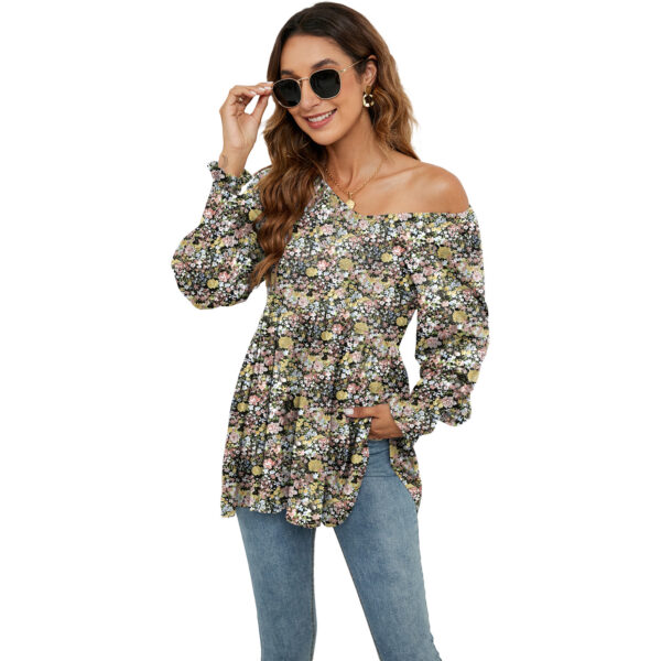 Floral Print V-Neck Blouse: Long Puff Sleeve Women's T-Shirts - Image 2