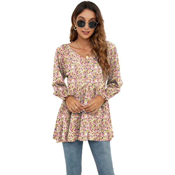 Floral Print V-Neck Blouse: Long Puff Sleeve Women's T-Shirts - Image 6