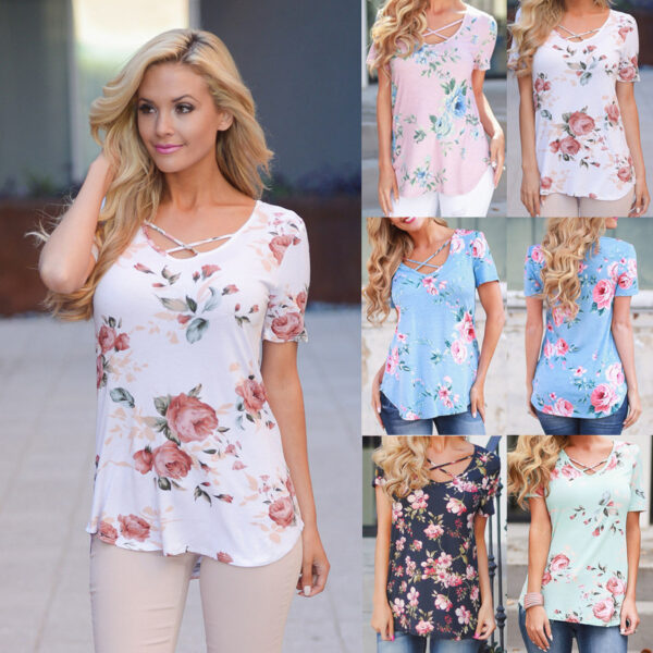 "Floral Print Cross Front T-Shirt: Short Front, Long Back Design"