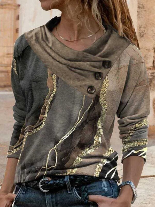 Women's Button Top Square Printed V-neck Loose Casual Long Sleeves T-shirt - Image 4