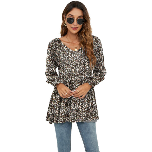 Floral Print V-Neck Blouse: Long Puff Sleeve Women's T-Shirts - Image 8