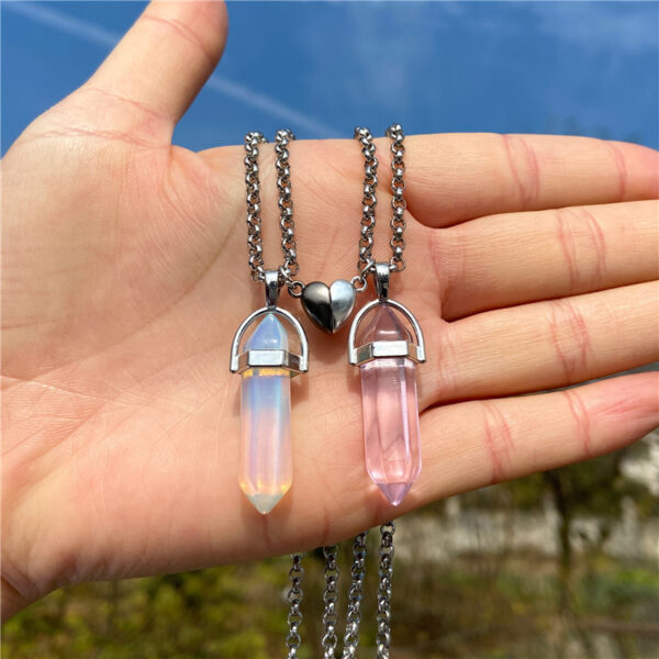 Love Magnetic Buckle Natural Hexagon Pillar Rough Stone Pendant Necklace Women