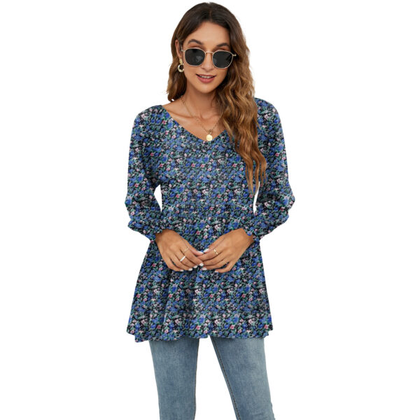 Floral Print V-Neck Blouse: Long Puff Sleeve Women's T-Shirts - Image 5